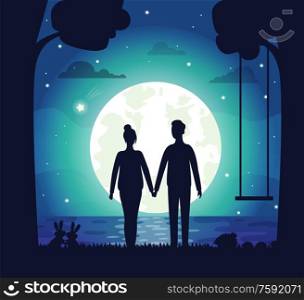 Romantic couple vector, man and woman on secret date standing by lake holding hands of each other. Swing and tree silhouette, shining stars and romance. Romantic Couple at Night, Dating People and Moon