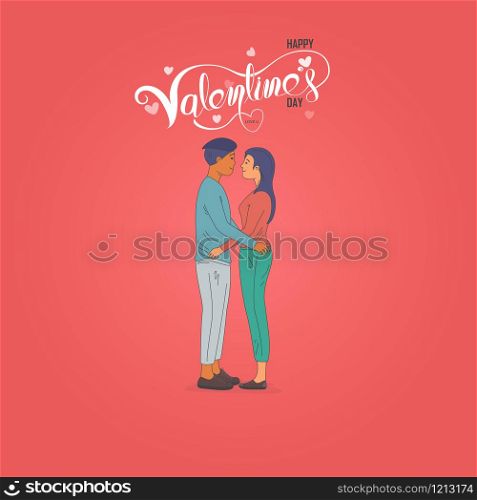 Romantic couple with hearts shape on Red background.Happy Valentines Day 14 February illustration.Romantic happy loving couple.Valentine&rsquo;s Day, love & relationships.Happy Valentines Day vector illustration.