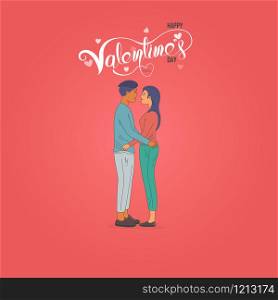 Romantic couple with hearts shape on Red background.Happy Valentines Day 14 February illustration.Romantic happy loving couple.Valentine&rsquo;s Day, love & relationships.Happy Valentines Day vector illustration.