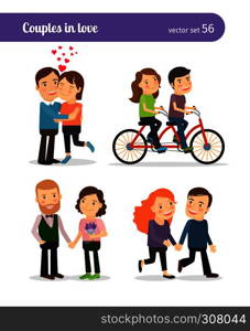 Romantic couples being together and walking, talking and riding bike. Vector illustration. . Romantic couples set