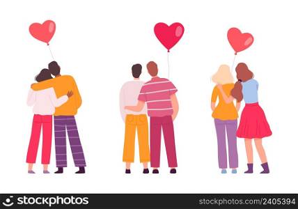 Romantic couples. People in love, diverse relationship. Best friends, LGBT person. Family support vector characters couple, romantic love man together or woman illustration. Romantic couples. People in love, diverse relationship. Best friends, LGBT person. Family support vector characters