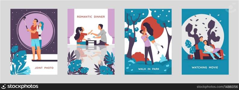 Romantic couples posters. Cartoon characters walking and enjoying time together, postcards with love scenes. Vector collections vertical illustrate image happy boy and girl on date. Romantic couples posters. Cartoon characters walking and enjoying time together, postcards with love scenes. Vector happy boy and girl on date