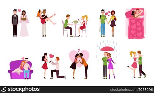 Romantic couples. Young men and women dating, happy loving characters on date hugging and kissing. Married couple with gifts vector holiday romance set. Romantic couples. Young men and women dating, happy loving characters on date hugging and kissing. Married couple with gifts vector set