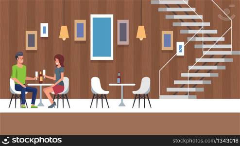 Romantic Date at Restaurant Interior Place. Two People in Love Relatioship Sitting and Talking after Engagement. Beauty Girl with Boyfriend Flirting at Indoor Hotel Cafe. Happy Dating Illustration.. Romantic Date and Restaurant Dinner. Flat Cartoon.