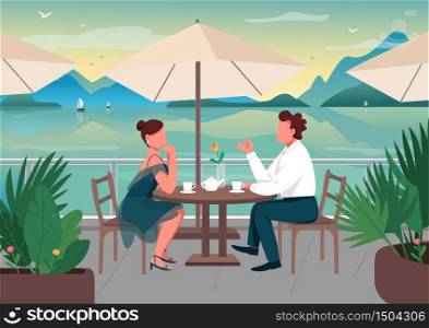 Romantic date at seaside resort flat color vector illustration. Couple dinner in restaurant. Boyfriend and girlfriend in street cafe together 2D cartoon characters with seascape on background. Romantic date at seaside resort flat color vector illustration