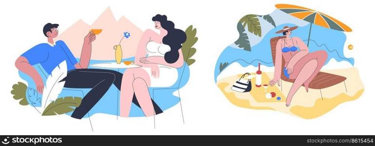 Romantic date by seaside and mountains view, man and woman drinking coffee at dinner. Female character sunbathing and enjoying wine, lady laying under umbrella at beach. Vector in flat style. Summer holidays, couple at dinner, woman by sea
