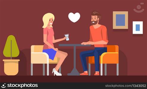 Romantic Date in Cafe. Girl Meeting with Hipster Boyfriend, Sitting on Chair Talking and Smiling Together. Romance Day for Young Family in Cafeteria Flat Illustration. Happy Evening for Two.. Romantic Date in Cafe. Girl Meeting Boyfriend Flat