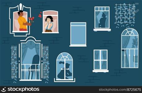 Romantic date of couple in windows on brick house facade. Flat vector illustration of young man confessing love to happy woman. Boyfriend presenting flowers to excited girlfriend. Valentine’s day. Romantic date of couple in windows, brick facade