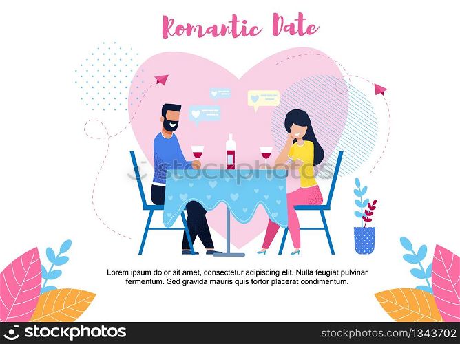 Romantic Date Text Banner with Flat Cartoon Couple Sharing Bottle of Wine. Young Man and Woman Having Dinner in Cafe. Close Loving People Meeting in Romantic Relationships. Vector Flat Illustration. Romantic Date Text Banner with Flat Cartoon Couple