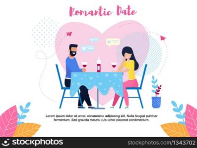 Romantic Date Text Banner with Flat Cartoon Couple Sharing Bottle of Wine. Young Man and Woman Having Dinner in Cafe. Close Loving People Meeting in Romantic Relationships. Vector Flat Illustration. Romantic Date Text Banner with Flat Cartoon Couple