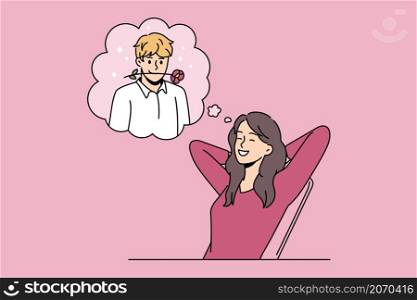 Romantic dating and dreaming of love concept. Smiling positive woman sitting and dreaming about her boyfriend with rose flower in mouth vector illustration . Romantic dating and dreaming of love concept.