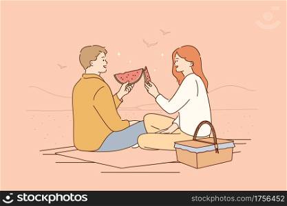 Romantic dating, picnic, summertime concept. Young happy couple cartoon characters sitting on floor having picnic talking smiling eating ripe fresh watermelon together vector illustration . Romantic dating, picnic, summertime concept