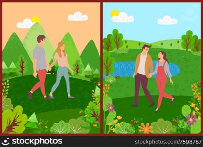 Romantic day of lovers, couple character walking in park, portrait view of male and female holding hands, people walking near mountains and lake vector. Meeting of Lovers, Couple Walking Outdoor Vector