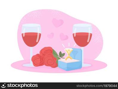 Romantic dinner 2D vector isolated illustration. Wine glasses for couple and engagement ring in box. Evening date flat composition on cartoon background. Marriage proposal colourful scene. Romantic dinner 2D vector isolated illustration