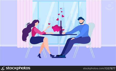 Romantic Dinner at Home. Cartoon Man Woman Kitchen Table near Window Drink Wine Vector Illustration. Boyfriend and Girlfriend Dating Indoors. Wife Husband Together Celebration Anniversary. Romantic Dinner at Home Cartoon Man Woman Kitchen