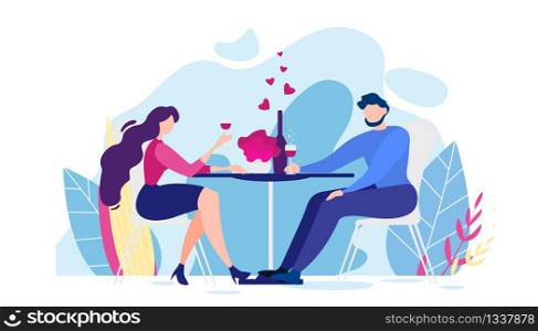 Romantic Dinner Cartoon Man and Woman Table, Nature Flower Background Vector Illustration. Girlfriend Cheers Wine Glass Drink. Romance Valentines Day Celebration. People Love Relationship. Girlfriend Cheers Glass Drink Wine Illustration