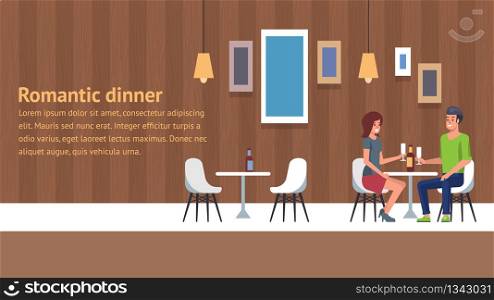 Romantic Dinner in Modern City Restaurant. Happy Young Couple of Lovers Celebrating Valentines Day and Talking Together. People Siting at Table Drink Wine. Cozy Fashion Place. Landing Banner.. Romantic Dinner in Restaurant. Couple of Lovers
