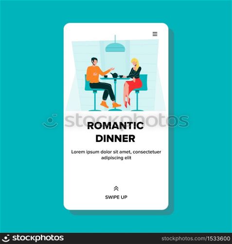 Romantic Dinner Lunch In Restaurant Or Cafe Vector. Romantic Couple Eating, Drinking Drinks And Communicate At Table. Characters Man And Woman Spending Time Together Web Flat Cartoon Illustration. Romantic Dinner Lunch In Restaurant Or Cafe Vector