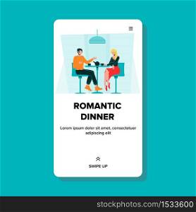 Romantic Dinner Lunch In Restaurant Or Cafe Vector. Romantic Couple Eating, Drinking Drinks And Communicate At Table. Characters Man And Woman Spending Time Together Web Flat Cartoon Illustration. Romantic Dinner Lunch In Restaurant Or Cafe Vector