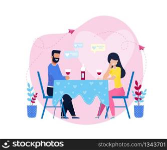 Romantic Dinner with Wine in Restaurant or at Home. Cartoon Couple in Love, Lovers, Man and Woman, Wife and Husband, Girlfriend and Boyfriend Sitting in Cafe. Dating Vector Flat Illustration. Romantic Dinner with Wine in Restaurant or at Home