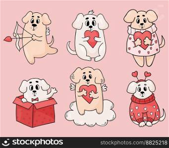 Romantic dogs. Collection cute pets with heart, in gift box and funny winged puppy cupid with arrow and bow on cloud. Vector illustration in color doodle style. Isolated funny animals 