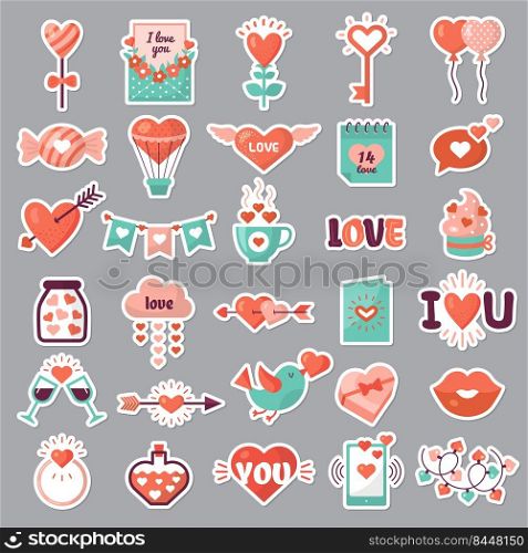 Romantic emblems. Love valentine day stickers flowers drinks envelope ribbons recent vector colored illustrations. Emblems to valentine day and romantic decoration. Romantic emblems. Love valentine day stickers flowers drinks envelope ribbons recent vector colored illustrations