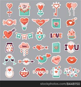 Romantic emblems. Love valentine day stickers flowers drinks envelope ribbons recent vector colored illustrations. Emblems to valentine day and romantic decoration. Romantic emblems. Love valentine day stickers flowers drinks envelope ribbons recent vector colored illustrations