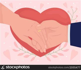 Romantic engagement flat color vector illustration. Proposing engagement for partner. Holding hands with gold ring on finger 2D cartoon first view hand with red heart on pink abstract background. Romantic engagement flat color vector illustration