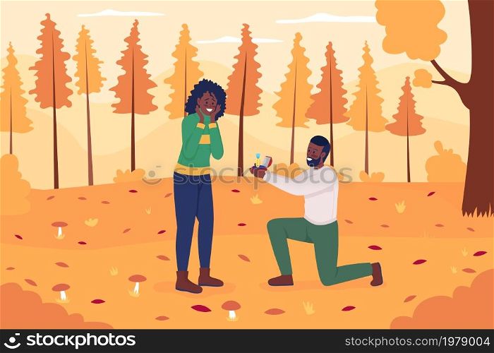Romantic fall proposal flat color vector illustration. Man kneeling and showing ring. Ask for marriage in autumn forest. Dating couple 2D cartoon characters with landscape on background. Romantic fall proposal flat color vector illustration
