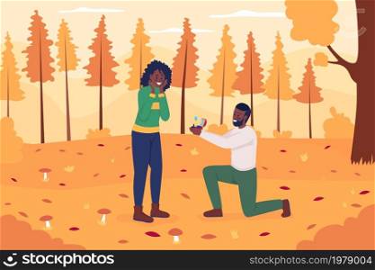 Romantic fall proposal flat color vector illustration. Man kneeling and showing ring. Ask for marriage in autumn forest. Dating couple 2D cartoon characters with landscape on background. Romantic fall proposal flat color vector illustration