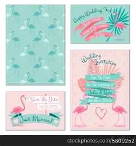 Romantic flamingo birds on mint background wedding invitation cards set with heart symbol abstract isolated vector illustration. Flamingo wedding invitation cards