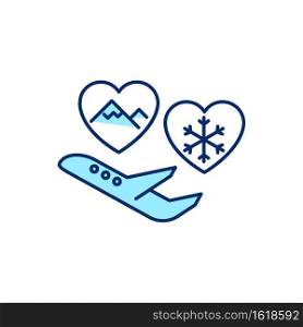 Romantic flight RGB color icon. Honeymoon trip to ski resort. Travel by plane for winter holiday. Tourism during wintertime. Christmas holiday getaway. Isolated vector illustration. Romantic flight RGB color icon