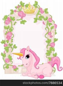 Romantic floral fairy tale frame with unicorn