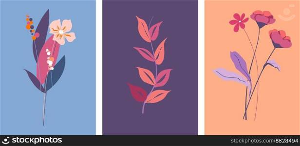 Romantic flower bouquets, gift for holiday, botanical arrangements or composition. Flora in blossom, blooming plants with stems and leaves, foliage decoration for cards. Vector in flat style. Florist composition, elegant bouquet of flowers