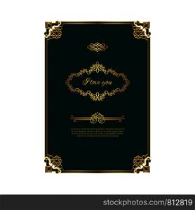 Romantic frame template, in gold and green colors. Vector illustration. Gold and green romantic frame template