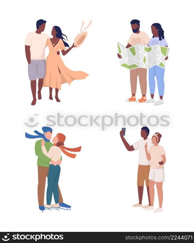 Romantic getaways semi flat color vector characters set. Full body people on white. Couple relaxing activities. Travel experience simple cartoon style illustration for web graphic design and animation. Romantic getaways semi flat color vector characters set