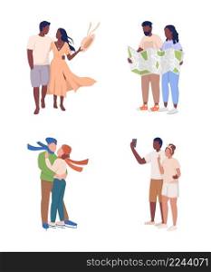 Romantic getaways semi flat color vector characters set. Full body people on white. Couple relaxing activities. Travel experience simple cartoon style illustration for web graphic design and animation. Romantic getaways semi flat color vector characters set