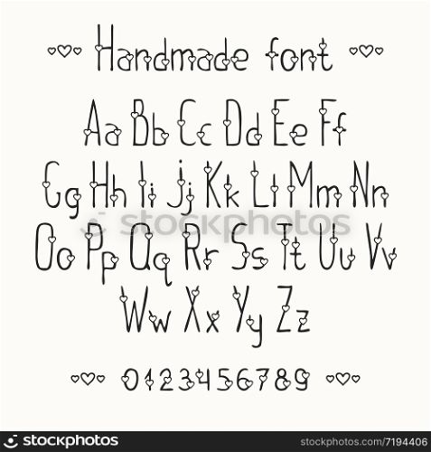 Romantic hand drawn font with hearts. Complete abc alphabet set. Vector letters and numbers. Doodle typographic symbols.. Simple romantic hand drawn font with hearts. Complete abc alphabet set. Vector letters and numbers. Doodle typographic symbols.