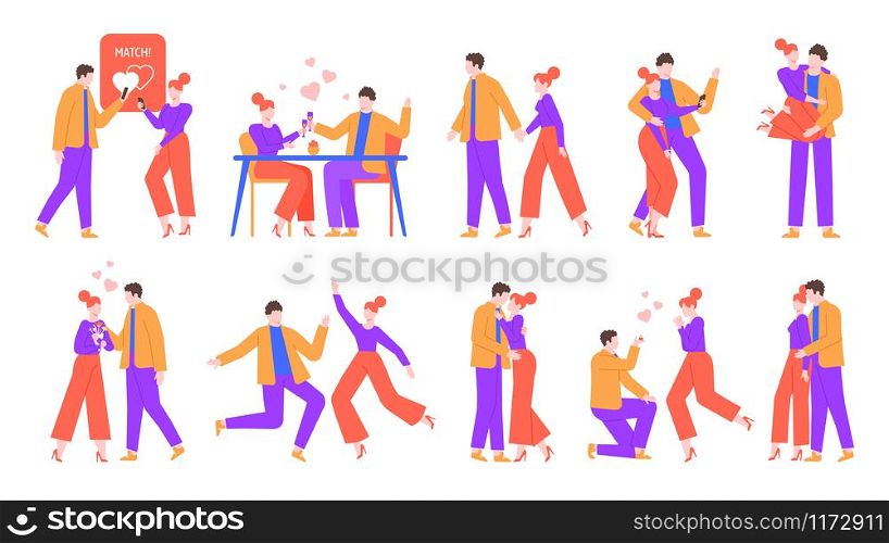 Romantic happy couple. Cute boyfriend and girlfriend in love, perfect match dating. Celebrating valentine day, kisses, hugs and dancing couples. Isolated vector illustration icons set. Romantic happy couple. Cute boyfriend and girlfriend in love, perfect match dating. Celebrating valentine day, kisses, hugs and dancing couples vector illustration set