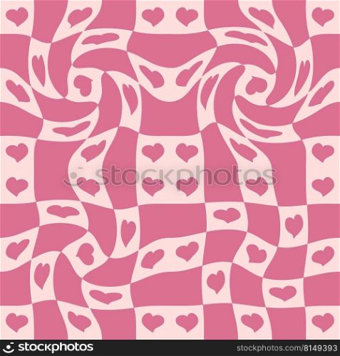 Romantic hippie aesthetic seamless pattern with hearts. Groovy trippy checkerboard print for T-shirt, fabric, textile. Doodle vector illustration for decor and design.