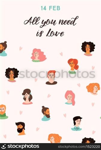 Romantic illustration with cute young women and men in love. Love story, relationship. Vector design concept for Valentines Day and other users.. Romantic illustration with cute young women and men in love.
