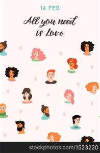 Romantic illustration with cute young women and men in love. Love story, relationship. Vector design concept for Valentines Day and other users.. Romantic illustration with cute young women and men in love.