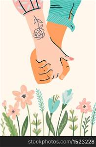 Romantic illustration with male and female hands. Love, love story, relationship. Vector design concept for Valentines Day and other users.. Romantic illustration with male and female hands. Love, love story, relationship.