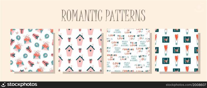 Romantic love pattern. A set of patterns in the same style. Valentine&rsquo;s day digital paper. Children&rsquo;s textile design. Seamless design.. Romantic love pattern. A set of patterns in the same style. Valentine&rsquo;s day digital paper. Children&rsquo;s textile design. Seamless design