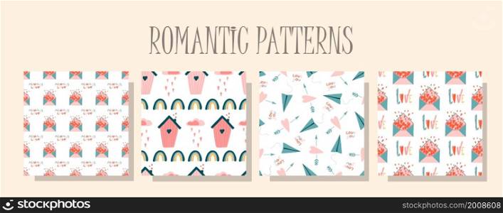 Romantic love pattern. A set of patterns in the same style. Valentine&rsquo;s day digital paper. Children&rsquo;s textile design. Seamless design.. Romantic love pattern. A set of patterns in the same style. Valentine&rsquo;s day digital paper. Children&rsquo;s textile design. Seamless design