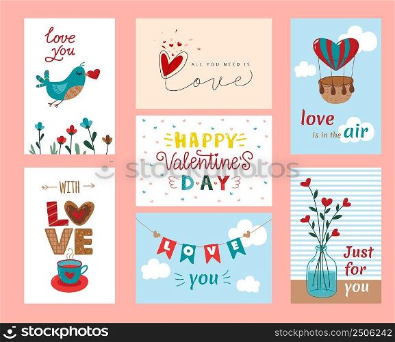 Romantic love postcard. Valentines day design cards, birthday party or banners with hearts. Cute happy posters with air balloon, bird and cup, classy vector set. Illustration of valentine heart cards. Romantic love postcard. Valentines day design cards, birthday party or banners with hearts. Cute happy posters with air balloon, bird and cup, classy vector set