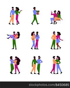 Romantic lovers. Various happy couples going to date in valentine romantic day gift collections for couples garish vector flat pictures set isolated. Illustration of romantic love. Romantic lovers. Various happy couples going to date in valentine romantic day gift collections for couples garish vector flat pictures set isolated