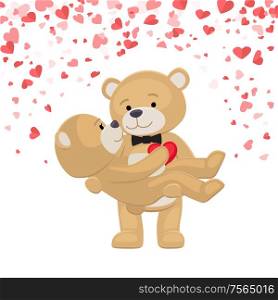 Romantic male bear holding female animal on arms isolated on white background with pink and red hearts. Plush teddy toys in love, happy couple vector. Romantic Male Bear Holding Female Animal on Arms