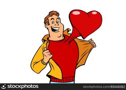 romantic man with a red heart Valentine. Comic cartoon style pop art illustration vector retro. romantic man with a red heart Valentine