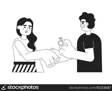 Romantic marriage proposal monochrome concept vector spot illustration. Arab man asks to marry indian woman 2D flat bw cartoon characters for web UI design. Isolated editable hand drawn hero image. Romantic marriage proposal monochrome concept vector spot illustration